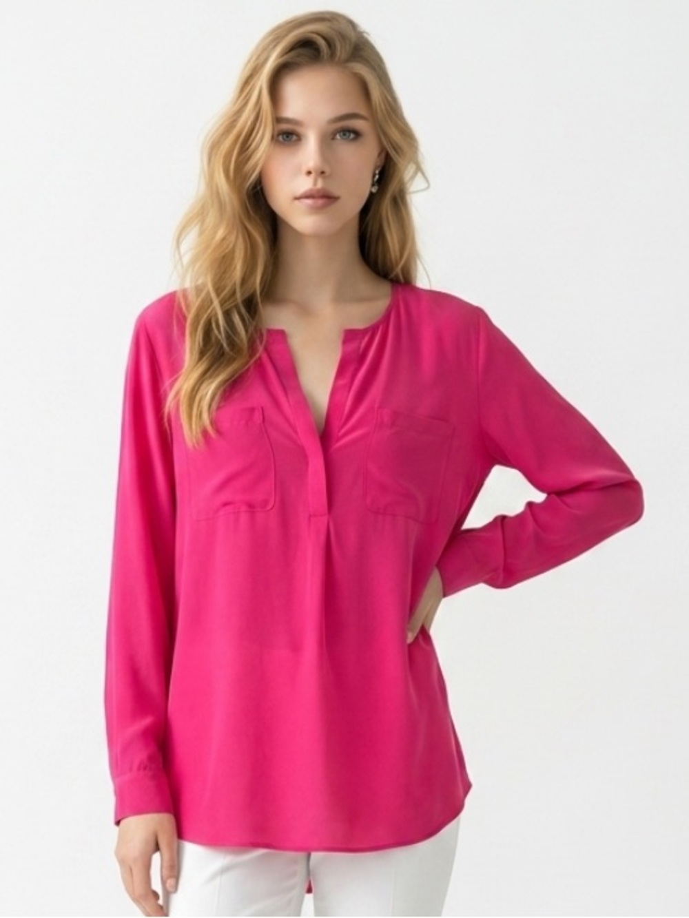LAFAYETTE 148 Silk Blouse Popover Long Sleeves Watermelon Pink